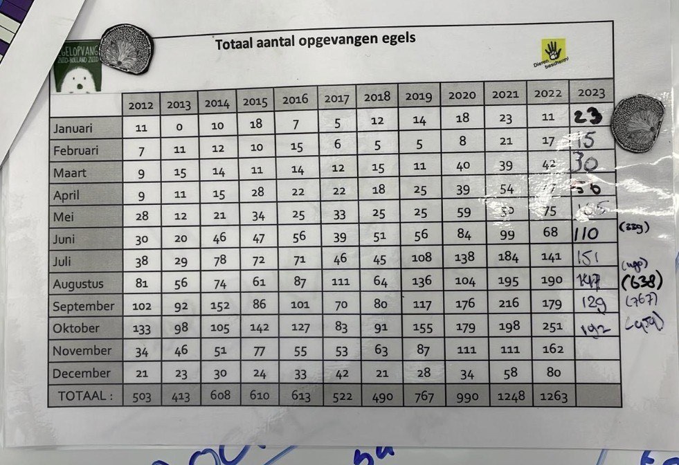 Egelopvangcentrum Papendrecht houdt bij hoeveel egels er binnenkomen.